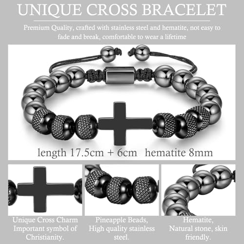 Ilasif Stainless Steel Bead Woven Bracelet For Men Cross Bracelet With 8mm Hematite For Boys Son Husband Christian Gifts For Holy Communion Baptism Confirmation Birthday Christmas