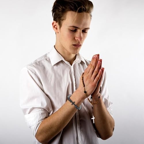 Ilasif Stainless Steel Bead Woven Bracelet For Men Cross Bracelet With 8mm Hematite For Boys Son Husband Christian Gifts For Holy Communion Baptism Confirmation Birthday Christmas