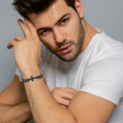 Ilasif Stainless Steel Bead Woven Bracelet For Men Cross Bracelet With 8mm Hematite For Boys Son Husband Christian Gifts For Holy Communion Baptism Confirmation Birthday Christmas