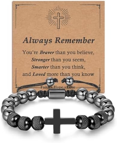 ilasif Stainless Steel Bead Woven Bracelet for Men Cross Bracelet with 8mm Hematite for Boys Son Husband Christian Gifts for Holy Communion Baptism Confirmation Birthday Christmas