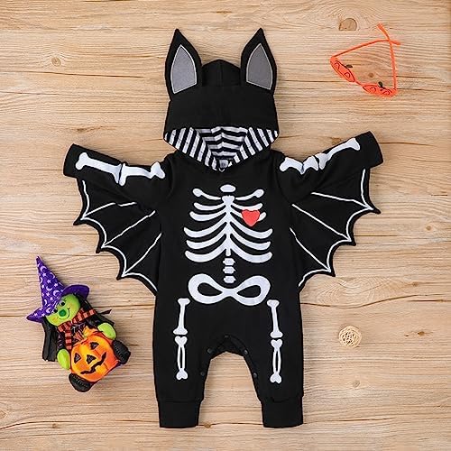 ImKutie Baby Halloween Outfits Cute Newborns Boys Girls First Halloween Clothes Skeleton Bat Romper Long Sleeve Cotton Jumpsuit With Hat For 0-24 Months