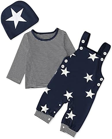 Infant Baby Boys Clothing Sets Newborn Baby Cotton Romper Outfits Suit Toddler Kids Pyjamas 3pcs Long Sleeves T-Shirt + Star Pattern Dungarees+ Hat 0-24 Months