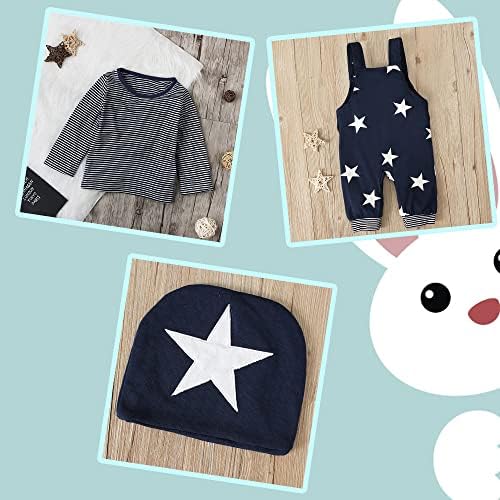 Infant Baby Boys Clothing Sets Newborn Baby Cotton Romper Outfits Suit Toddler Kids Pyjamas 3pcs Long Sleeves T-Shirt + Star Pattern Dungarees+ Hat 0-24 Months