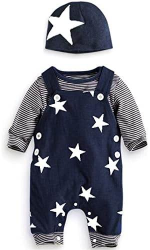 Infant Baby Boys Clothing Sets Newborn Baby Cotton Romper Outfits Suit Toddler Kids Pyjamas 3pcs Long Sleeves T-Shirt + Star Pattern Dungarees+ Hat 0-24 Months