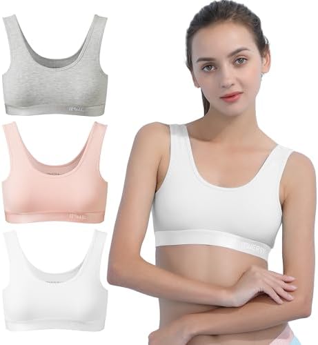 INNERSY Girls Sports Bra Cotton Crop Tops Non Padded Training Bras Kids to Teens 6-16 Years 3 Pack