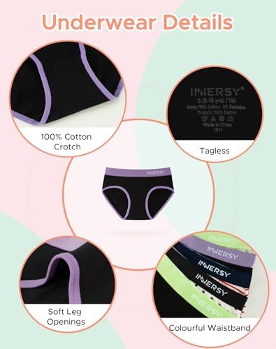INNERSY Knickers For Teenage Girls Soft Cotton Underwear Sporty Waist Pants Comfy Briefs (Teen 10-16 Years) Pack Of 6
