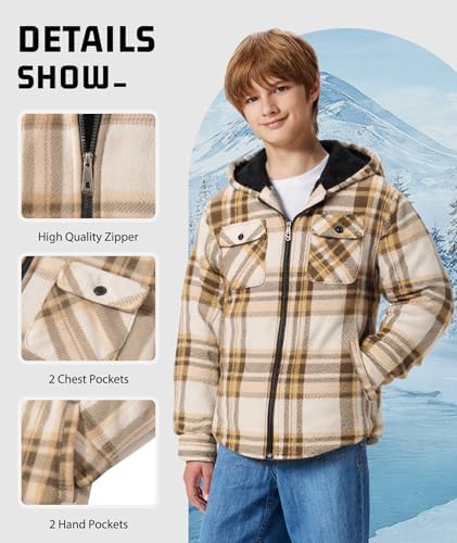 JACKETOWN Boys Fleece Jacket Kids Winter Warm Zipper Hoodie Plaid Sherpa Lined Sweatshirt Casual Hoodie For Boys Girls Age 6-15 Years