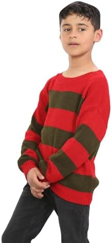 Janisramone® Long Sleeve Girls Boys Halloween Jumper Crew Neck Chunky Knitted Red Green Striped Jumper Party Kid Halloween Costume