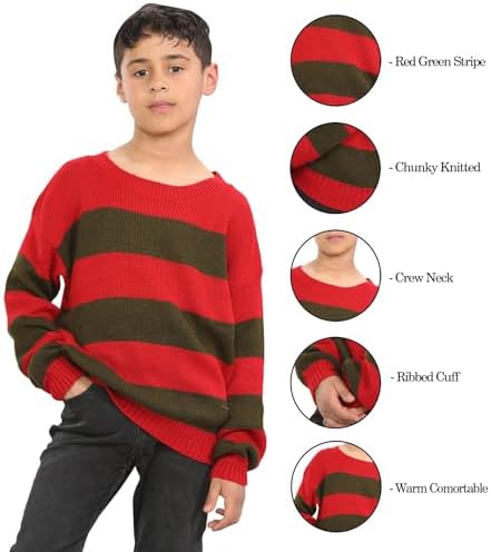 Janisramone® Long Sleeve Girls Boys Halloween Jumper Crew Neck Chunky Knitted Red Green Striped Jumper Party Kid Halloween Costume