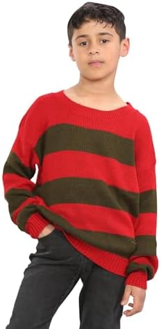 janisramone® Long Sleeve Girls Boys Halloween Jumper Crew Neck Chunky Knitted Red Green Striped Jumper Party Kid Halloween Costume