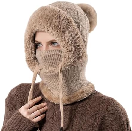JAWSEU 3 In 1 Knitted Winter Balaclava For Women Knit Balaclava With Neck Gaiter Warm Face Mask Winter Hat Thermal Neck Warmer Winter Anti-Wind Hat For Outdoor Sport