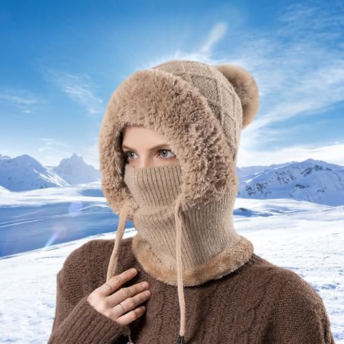 JAWSEU 3 In 1 Knitted Winter Balaclava For Women Knit Balaclava With Neck Gaiter Warm Face Mask Winter Hat Thermal Neck Warmer Winter Anti-Wind Hat For Outdoor Sport