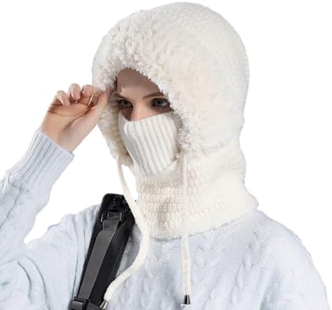 JAWSEU Women's Balaclava Hat Women's Winter Knit Balaclava Hat With Neck Warmer Knitted Hat With Thick Pompom Windproof Earmuffs Hat For Cycling Skiing Hiking Camping