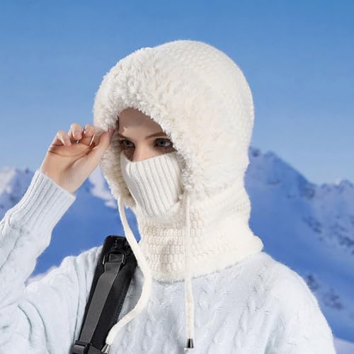 JAWSEU Women's Balaclava Hat Women's Winter Knit Balaclava Hat With Neck Warmer Knitted Hat With Thick Pompom Windproof Earmuffs Hat For Cycling Skiing Hiking Camping