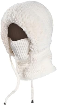 JAWSEU Women's Balaclava Hat Women's Winter Knit Balaclava Hat with Neck Warmer Knitted Hat with Thick Pompom Windproof Earmuffs Hat for Cycling Skiing Hiking Camping