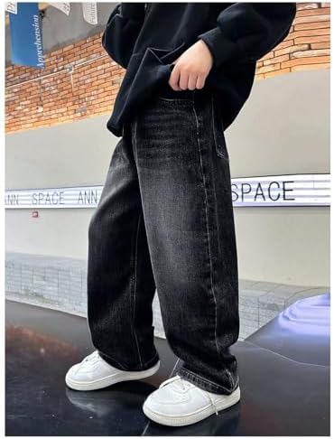 Jeans Kids Boys Baggy Elasticated Waist Denim Trousers Y2K Vintage Casual Jeans Loose Fit Comfy Stretchy Winter Spring Trousers Wide Leg Cargo Pants Hip Hop Streetwear For 4-14 Years