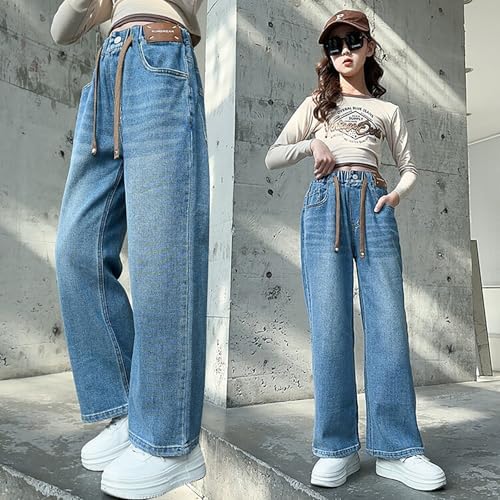 Jeans Kids Girls Age 4-14 Years Denim Trendy Loose Fit Trousers Teen Girls Waist Tightener Elastic Comfy Stretchy Winter Spring Casual Vacation Pants
