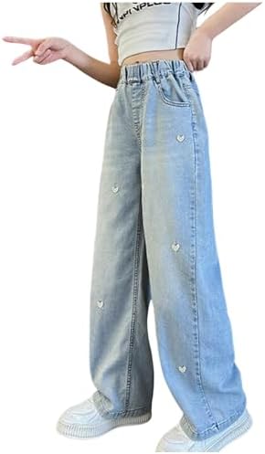 Jeans Kids Girls Age 5-14 Years Fashion Trousers for Teen Girls Loose Fit Waist Tightener Elastic Stretchy Denim Pants Comfy Spring Winter Casual Sports Streetwear