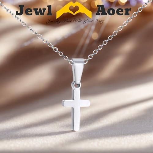 Jewl Aoer Stainless Steel Cross Silver Necklace For Boys First Holy Communion Baptism Christian Gifts For Teenage Boys Son Nephew Toddler For Birthday Easter Christmas
