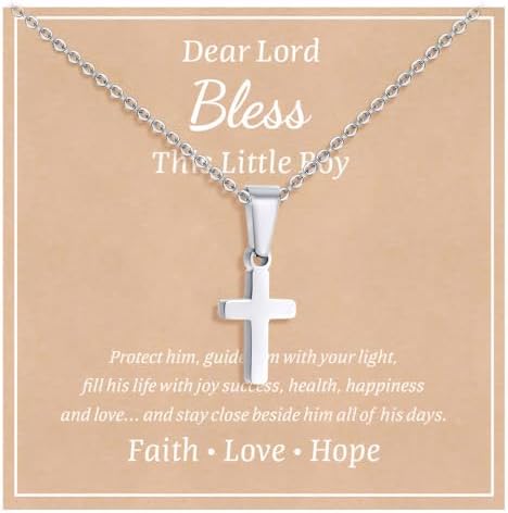 Jewl Aoer Stainless Steel Cross Silver Necklace for Boys First Holy Communion Baptism Christian Gifts for Teenage Boys Son Nephew Toddler for Birthday Easter Christmas