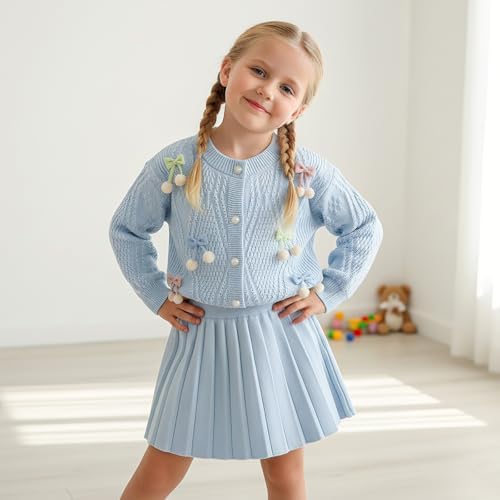 JiAmy Baby Girl Clothes Toddler Long Sleeve Knitted Bowknot Sweater Top Pleated Skirt Outfits Set Fall Winter Casual Dress For Girls 2-6 Years