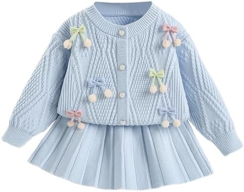 JiAmy Baby Girl Clothes Toddler Long Sleeve Knitted Bowknot Sweater Top Pleated Skirt Outfits Set Fall Winter Casual Dress for Girls 2-6 Years