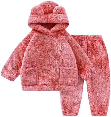 JiAmy Baby Toddlers Fleece Sweatshirt Set Hooded Winter Warm Tracksuit Outfit Tops And Pants Sets Infant Pullover Soft Cute Solid Two Piece Clothes Girls Boys 12 Months-4 Years