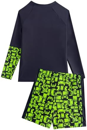 JiAmy Boys Swimming Costume 2 Piece Swim Set Gradient Gaming Teen Boys Swimwear Long Sleeve Swim Shirts And Trunks Swimsuit For 8-14 Years