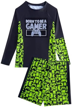 JiAmy Boys Swimming Costume 2 Piece Swim Set Gradient Gaming Teen Boys Swimwear Long Sleeve Swim Shirts and Trunks Swimsuit for 8-14 Years