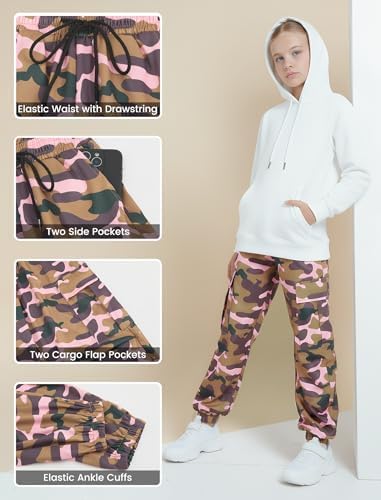 JiAmy Girls Cargo Trousers Elastic Waist Camouflage Print Boys Casual Trouser Y2k Hip-hop Parachute With Multi Pockets Dance Joggers Pants For 5-14 Years