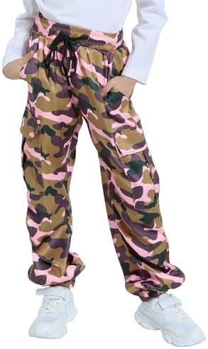 JiAmy Girls Cargo Trousers Elastic Waist Camouflage Print Boys Casual Trouser Y2k Hip-hop Parachute with Multi Pockets Dance Joggers Pants for 5-14 Years