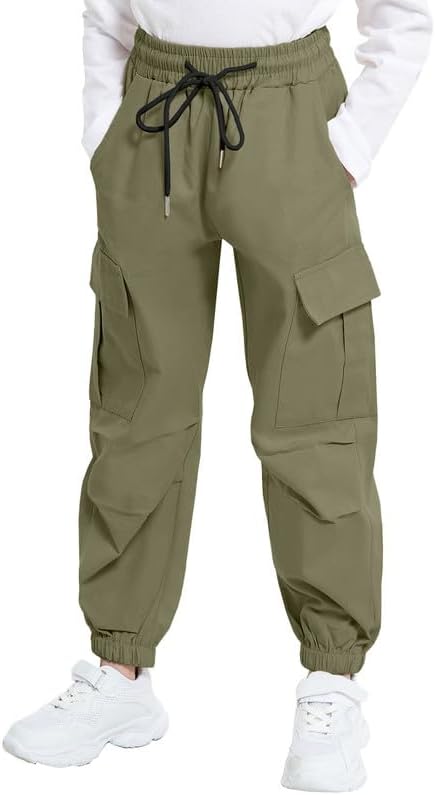 JiAmy Girls Cargo Trousers Elastic Waist Kids Casual Baggy Parachute Trousers Y2k Multi Pockets Dance Joggers Cotton Pants For 5-14 Years