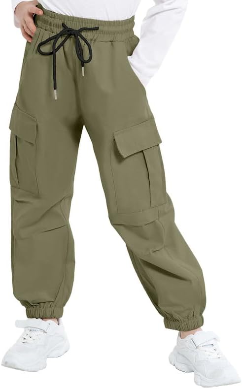 JiAmy Girls Cargo Trousers Elastic Waist Kids Casual Baggy Parachute Trousers Y2k Multi Pockets Dance Joggers Cotton Pants for 5-14 Years