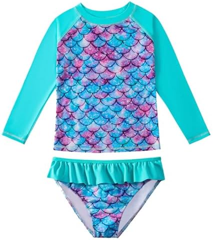 JiAmy Girls Swimming Costume Kids Two Piece Long Sleeve Swimsuit Swimwear UV Sun Protection Bathing Suit Swim Set for 3-9 Years