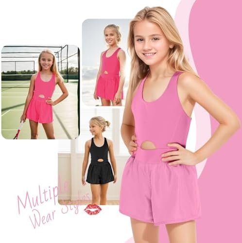 JiAmy Girls Workout Romper Summer Sleeveless U-Neck Breathable Yoga Tennis Running Athletic Sport Clothes Built-in Shorts With Pockets For 8-14 Years