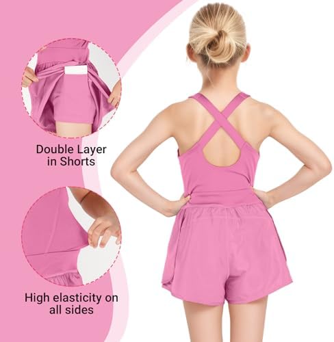 JiAmy Girls Workout Romper Summer Sleeveless U-Neck Breathable Yoga Tennis Running Athletic Sport Clothes Built-in Shorts With Pockets For 8-14 Years