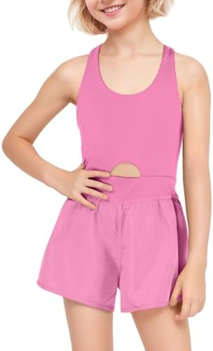 JiAmy Girls Workout Romper Summer Sleeveless U-Neck Breathable Yoga Tennis Running Athletic Sport Clothes Built-in Shorts with Pockets for 8-14 Years