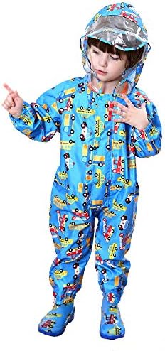 JinBei Kids Puddle Suit Boys Girls All In One Waterproof Raincoat Hooded Lightweight Rainsuit Portable Breathable PVC Transparent Hat Brim Zipper Hiking Child Unisex Rainwear 1-7 Years