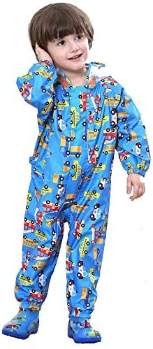 JinBei Kids Puddle Suit Boys Girls All In One Waterproof Raincoat Hooded Lightweight Rainsuit Portable Breathable PVC Transparent Hat Brim Zipper Hiking Child Unisex Rainwear 1-7 Years