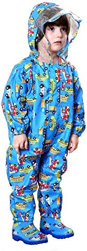 JinBei Kids Puddle Suit Boys Girls All In One Waterproof Raincoat Hooded Lightweight Rainsuit Portable Breathable PVC Transparent Hat Brim Zipper Hiking Child Unisex Rainwear 1-7 Years