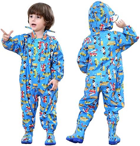 JinBei Kids Puddle Suit Boys Girls All in One Waterproof Raincoat Hooded Lightweight Rainsuit Portable Breathable PVC Transparent Hat Brim Zipper Hiking Child Unisex Rainwear 1-7 Years