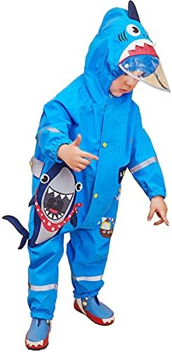 JinBei Kids Puddle Suits Boys Girls All In One Waterproof Hooded Raincoats Unisex Lightweight Cute 3D Pattern Rainsuits Breathable Poncho Transparent Hat Reflective Stripes Rainwear 1-8 Years