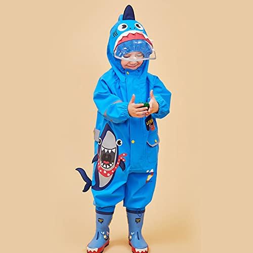 JinBei Kids Puddle Suits Boys Girls All In One Waterproof Hooded Raincoats Unisex Lightweight Cute 3D Pattern Rainsuits Breathable Poncho Transparent Hat Reflective Stripes Rainwear 1-8 Years