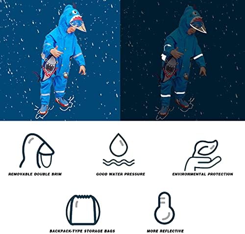 JinBei Kids Puddle Suits Boys Girls All In One Waterproof Hooded Raincoats Unisex Lightweight Cute 3D Pattern Rainsuits Breathable Poncho Transparent Hat Reflective Stripes Rainwear 1-8 Years