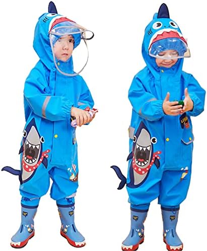 JinBei Kids Puddle Suits Boys Girls All in One Waterproof Hooded Raincoats Unisex Lightweight Cute 3D Pattern Rainsuits Breathable Poncho Transparent Hat Reflective Stripes Rainwear 1-8 Years