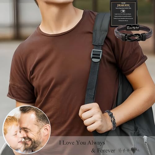 JJBAOER Son Gifts Engraved Braided Leather Bracelet Jewellery Son Bracelet From Mum Daddy 18th Birthday Gifts For Boys Christmas Graduation Back To School Gift Stocking Fillers