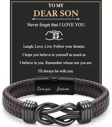 JJBAOER Son Gifts Engraved Braided Leather Bracelet Jewellery Son Bracelet from Mum Daddy 18th Birthday Gifts for Boys Christmas Graduation Back to School Gift Stocking Fillers