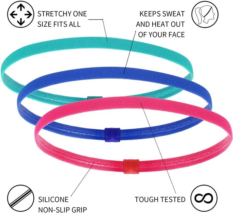 Jormftte Elastic Non-Slip Sports Headbands 6 Pcs Thin Sports Headband Head Bands Adult Women Men Thin Sport Hair Band Non Slip Slim Silicone Grip Sport Hairband Athletic Head Bands