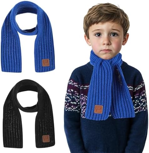 JSTHHTT 2PCS Kids Scarf Winter Autumn Winter Toddler Scarves Children Knit Neck Warmer Solid Warm Neck Warmer for Little Boys Girls Warm Winter Scarf for School (Black Blue)