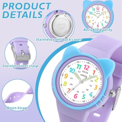 Juboos Kids Watch Analog For Girls Toddler Boys 3ATM Waterproof Cat Wirstwatch Learning Time And Easy To Read 5-15